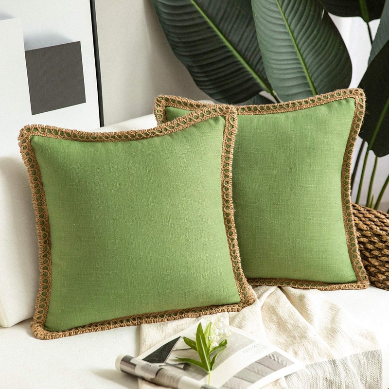 Phantoscope Pack of 2 Farmhouse Decorative Throw Pillow Covers Burlap Linen Pillow Covers Trimmed Tailored Edges Green 20 x 20 inches 50 x 50 cm - Image 1