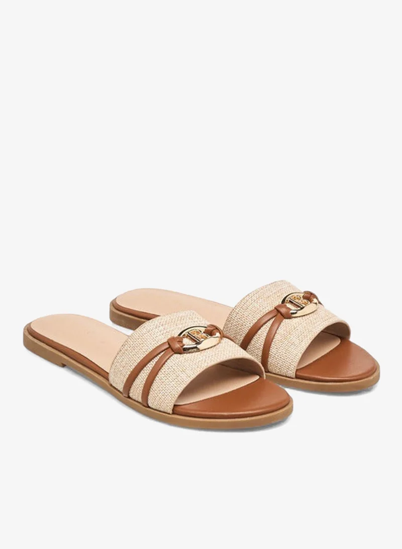 Flora Bella By Shoexpress Women's Textured Slip-On Flat Sandals with Metal Accent