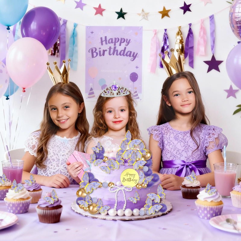 Morofme Purple Butterfly Cake Topper 48Pcs Purple Crown Cake Decorations Lavender and Gold Ball Cupcake Cake Toppers with Pearl Bow Princess Themed Cakes Decor for Wedding Baby Shower Birthday - Image 2