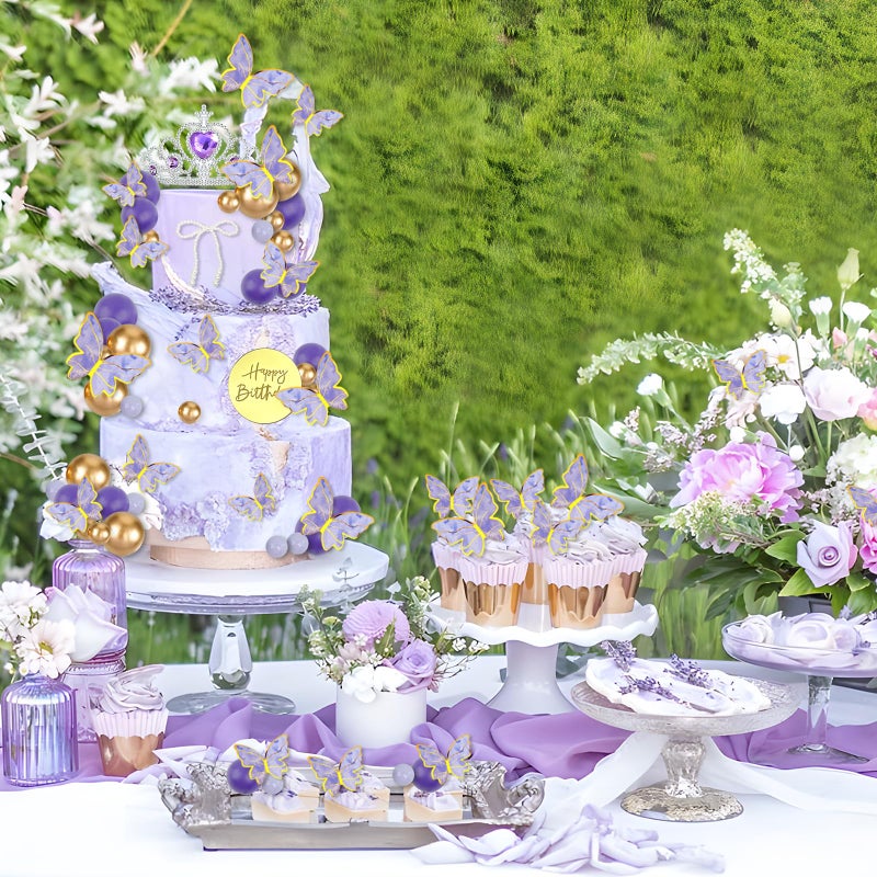Morofme Purple Butterfly Cake Topper 48Pcs Purple Crown Cake Decorations Lavender and Gold Ball Cupcake Cake Toppers with Pearl Bow Princess Themed Cakes Decor for Wedding Baby Shower Birthday - Image 3