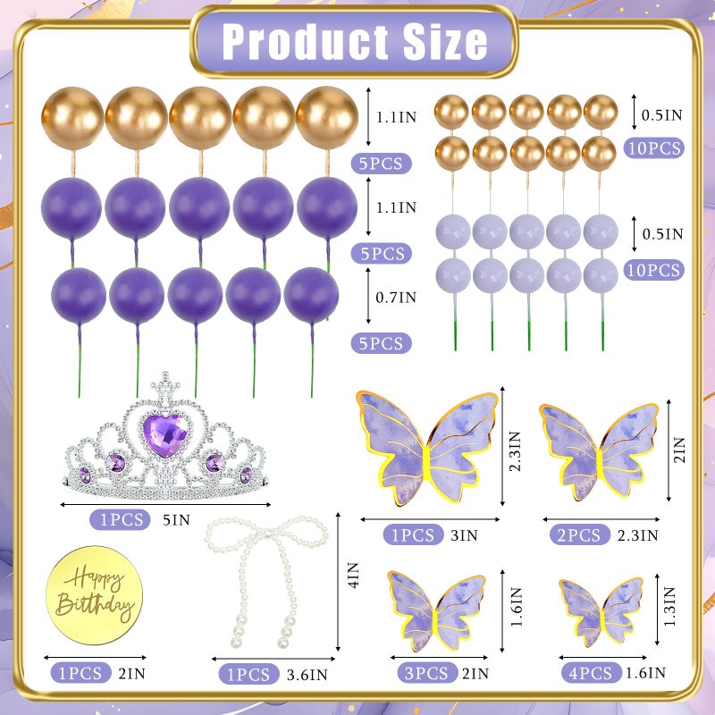 Morofme Purple Butterfly Cake Topper 48Pcs Purple Crown Cake Decorations Lavender and Gold Ball Cupcake Cake Toppers with Pearl Bow Princess Themed Cakes Decor for Wedding Baby Shower Birthday - Image 5