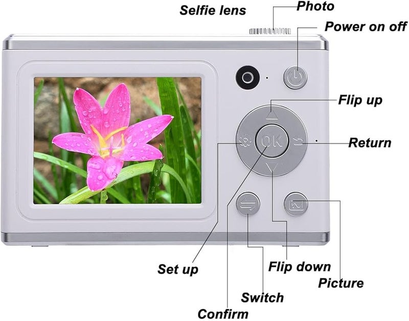 White Digital Camera 48MP Front Rear AI Autofocus 2.4in IPS Screen Fill Light Long Battery Travel Selfies - Image 3