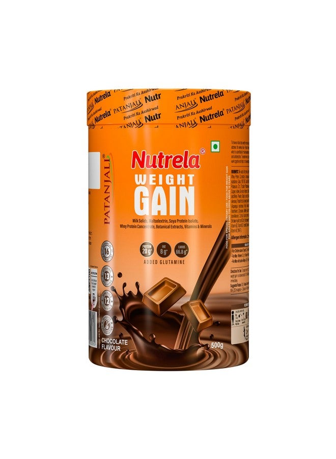 Nutrela Weight Gainer Powder - 500 gram, Chocolate Flavour with Free Shaker Bottle | 20g Protein, 66.8 Carbs, 13 Vitamins & 12 Minerals with Khandsari Sugar | Ideal for Athlete, Men, Women & Kids above 10 Year - Image 2