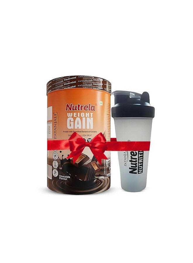 Nutrela Weight Gainer Powder - 500 gram, Chocolate Flavour with Free Shaker Bottle | 20g Protein, 66.8 Carbs, 13 Vitamins & 12 Minerals with Khandsari Sugar | Ideal for Athlete, Men, Women & Kids above 10 Year - Image 1