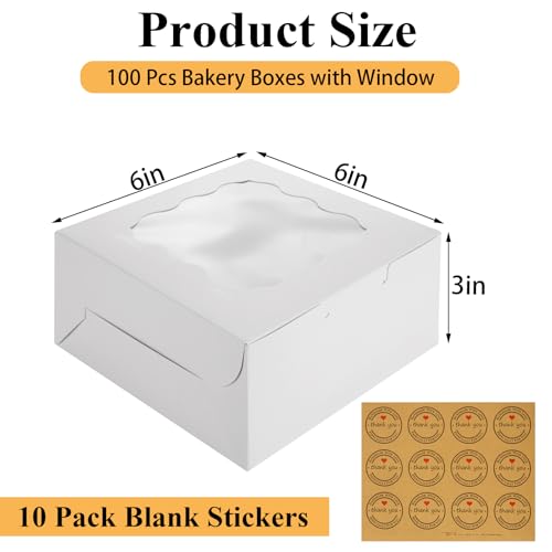 QTLCOHD 100 Pack 6 x 6 x 3 Inch Bakery Boxes with Window, White Cookie Boxes Bulk for Dessert, Cupcake, Pastry, Cookies, Treat, Strawberries Chocolate - Image 2