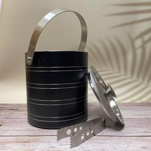HAINE Double Wall Ice Bucket with Tongs, Black, 1500ml, Stainless Steel, Airtight Lid - Image 3