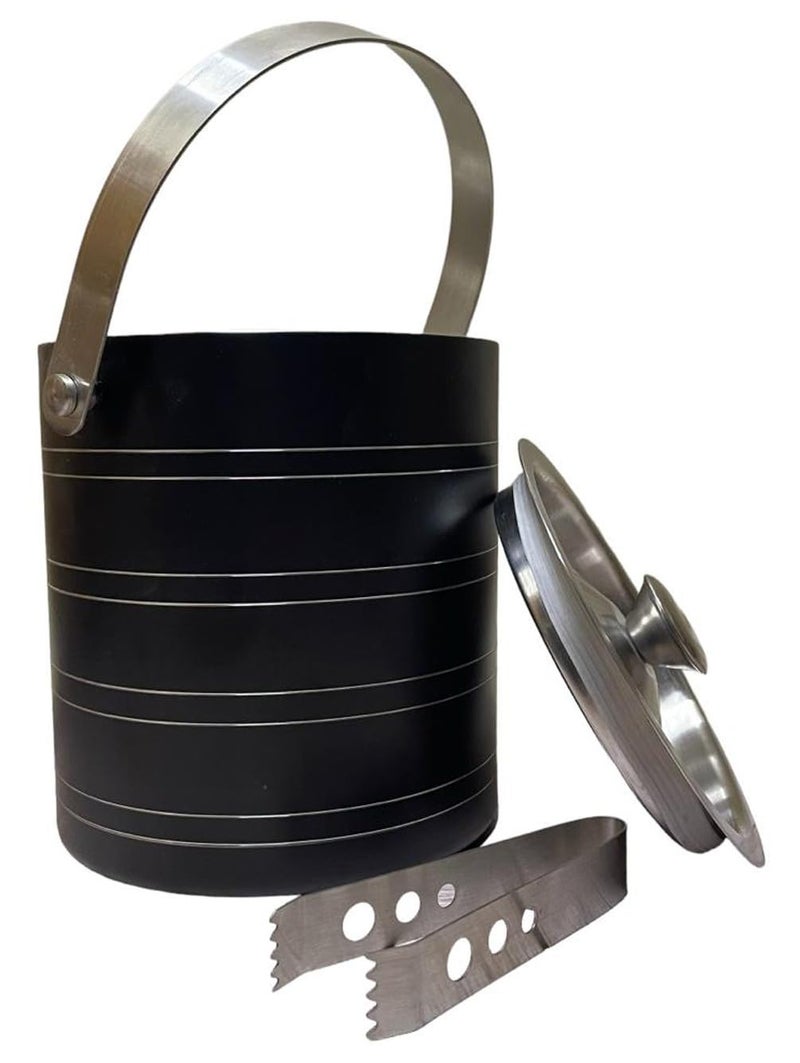 HAINE Double Wall Ice Bucket with Tongs, Black, 1500ml, Stainless Steel, Airtight Lid - Image 1