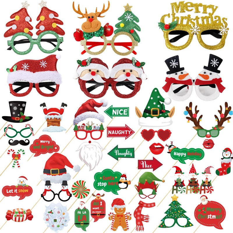 Voiiake Christmas Party Decorations Decor 36 Christmas Photo Booth Props 6 Christmas Glitter Glasses Frames Party Favors Games Supplies for Adults Office Holiday Selfie Props Santa Reindeer Mustache - Image 2