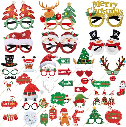 Voiiake Christmas Party Decorations Decor 36 Christmas Photo Booth Props 6 Christmas Glitter Glasses Frames Party Favors Games Supplies for Adults Office Holiday Selfie Props Santa Reindeer Mustache - Image 1