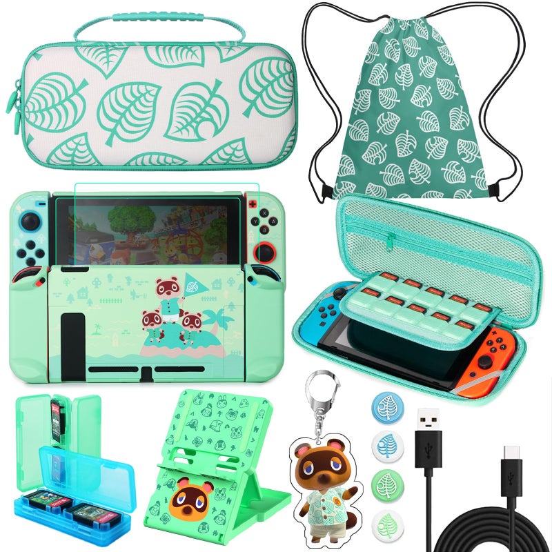TIKOdirect Carrying Case for Switch, Cute Portable Travel Bag Accessories with Protective Cover, Screen Protectors, Stand, Game Card Holder and Thumb grip caps[Keychain Gift], Animal Crossing - Image 1