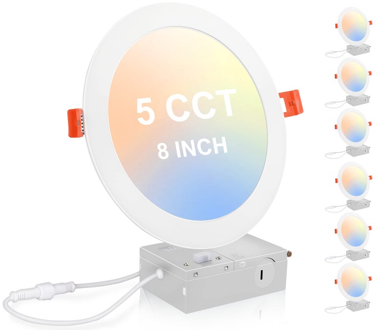 CLOUDY BAY 20W 8 inch LED Recessed Lights5Color 2700K3000K3500K4000K5000K SelectableDimmable CRI 90IC RatedETL ListedUltra Thin Recessed Downlight with Junction BoxWhite6 Pack