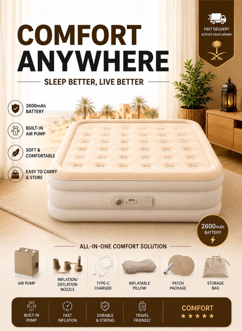 Saudi Select Single Height Inflatable Mattress with Built-In Pump, Portable Air Mattress with One-Touch Quick Automatic Inflation/Deflation, Suitable for Home or Outdoor Travel and Camping - Image 1