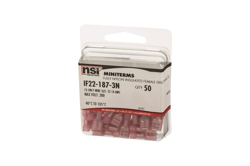 NSI IF22-187-3N Fully Nylon Insulated Female Disconnect, 22-18 Wire Size, 0.187" x 0.032" Tab Size - Image 3