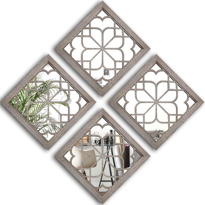 SET OF 4 MIRRORS SQUARE WALL MIRRORGORGEOUS RUSTIC FARMHOUSE ACCENT MIRRORBARN WOOD COLOR ENTRY MIRROR FOR BATHROOM RENOVATIONBEDROOMSLIVING ROOMS AND MORE12X124PCS