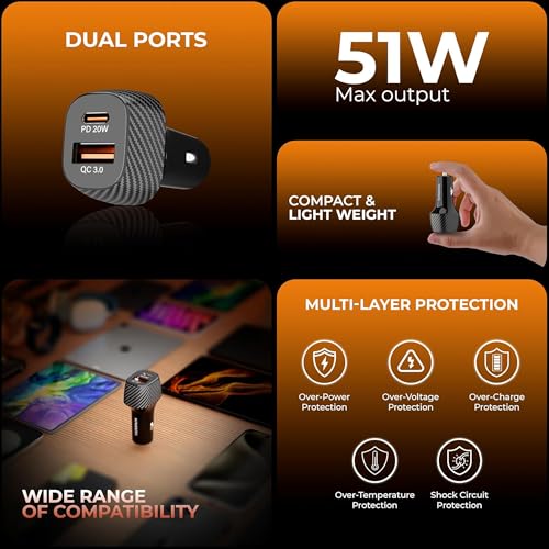 Kratos 51W Fast Car Charger with Dual Output, 51 Watts Total (28W USB + 25W Type C PD), Fast Charging, Adapter for iPhone & Android Smartphones and Tablets (Black) - Image 4