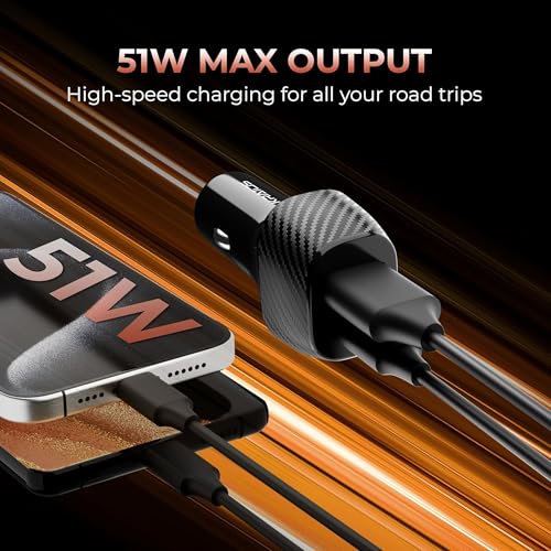 Kratos 51W Fast Car Charger with Dual Output, 51 Watts Total (28W USB + 25W Type C PD), Fast Charging, Adapter for iPhone & Android Smartphones and Tablets (Black) - Image 2