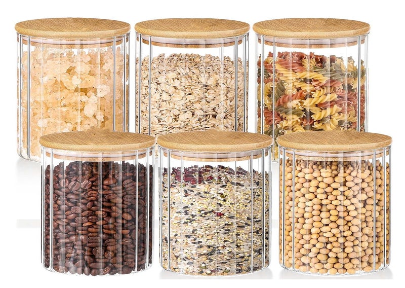WRINGO Borosilicate Glass Food Storage Containers with Airtight Bamboo Lid, Thickened Coffee Storage Jars for Home Kitchen, Pantry Tea, Spices, Snack (R Linig - 650ML, Set of 6) - Image 1