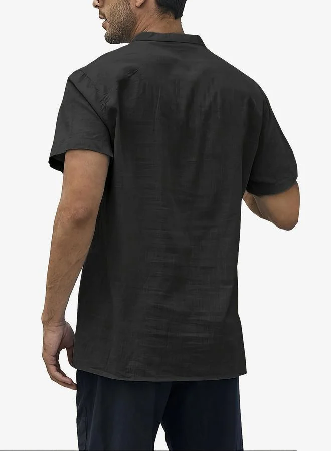 تايك تو قميص كاجوال بياقة قائمة ومظهر الكتان