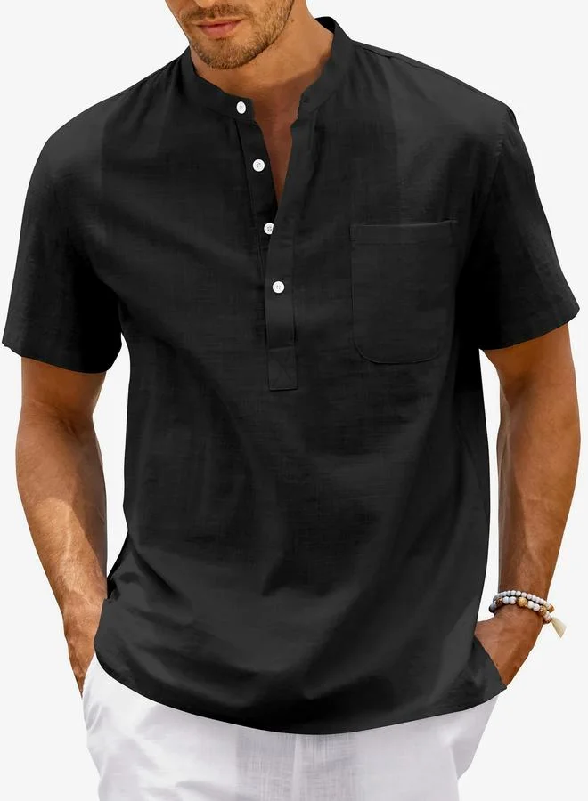 تايك تو قميص كاجوال بياقة قائمة ومظهر الكتان