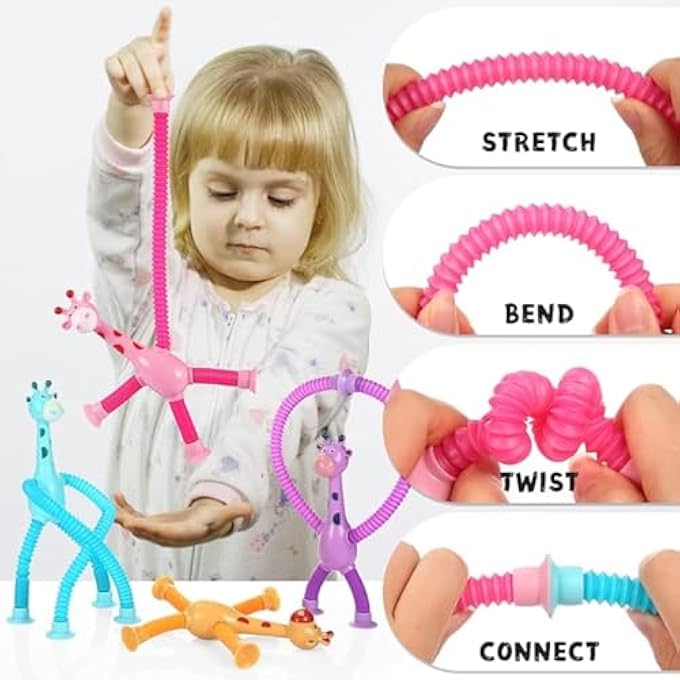 RAYYAN Pop Tubes Fidget Toy, Stretchy Giraffe Suction Toy, Funny Pop Tubes Sensory Toy for Toddlers, Educational Fidget Toys for Anxiety Kids Sensory Toy for Party Favors for Kids (Pack of 4) - Image 5