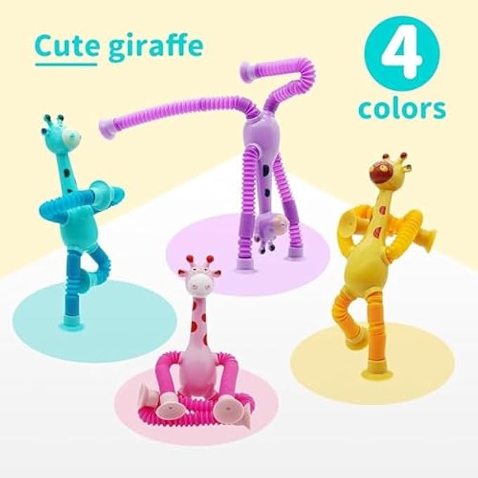 RAYYAN Pop Tubes Fidget Toy, Stretchy Giraffe Suction Toy, Funny Pop Tubes Sensory Toy for Toddlers, Educational Fidget Toys for Anxiety Kids Sensory Toy for Party Favors for Kids (Pack of 4) - Image 3