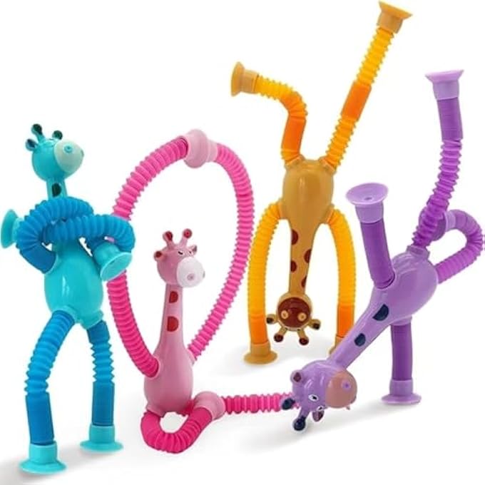 RAYYAN Pop Tubes Fidget Toy, Stretchy Giraffe Suction Toy, Funny Pop Tubes Sensory Toy for Toddlers, Educational Fidget Toys for Anxiety Kids Sensory Toy for Party Favors for Kids (Pack of 4) - Image 1
