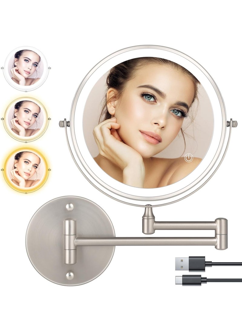 8" Wall Mounted Makeup Mirror, 1X/10X Magnification, Double-Sided, 360° Swivel, 3 Color Lights, Touch Screen Dimming, Extendable Arm, Nickel Frame, 16.5" x 12" Round, Bathroom Mirror - Image 1