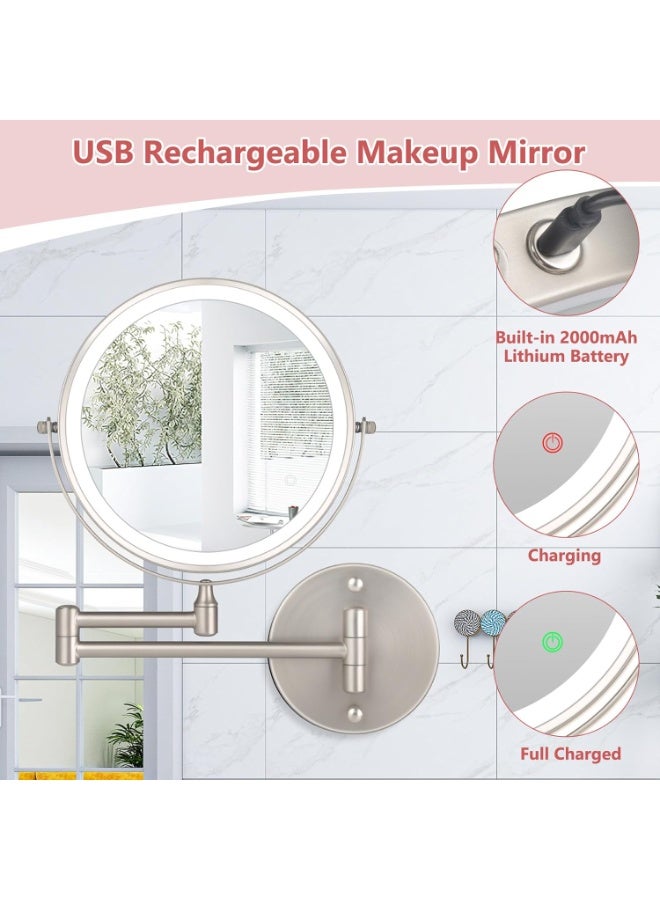 8" Wall Mounted Makeup Mirror, 1X/10X Magnification, Double-Sided, 360° Swivel, 3 Color Lights, Touch Screen Dimming, Extendable Arm, Nickel Frame, 16.5" x 12" Round, Bathroom Mirror - Image 3