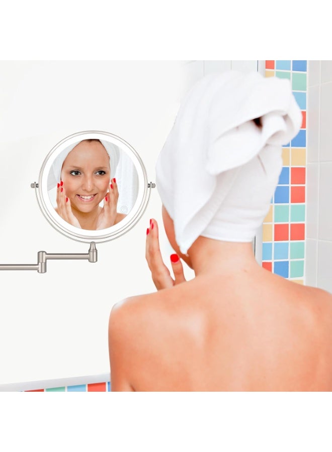 8" Wall Mounted Makeup Mirror, 1X/10X Magnification, Double-Sided, 360° Swivel, 3 Color Lights, Touch Screen Dimming, Extendable Arm, Nickel Frame, 16.5" x 12" Round, Bathroom Mirror - Image 2