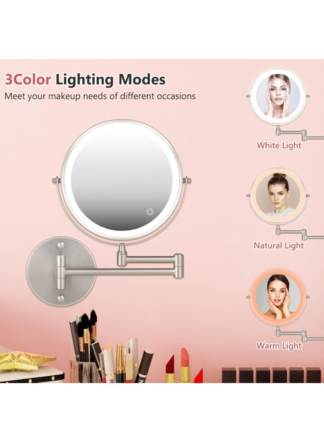 8" Wall Mounted Makeup Mirror, 1X/10X Magnification, Double-Sided, 360° Swivel, 3 Color Lights, Touch Screen Dimming, Extendable Arm, Nickel Frame, 16.5" x 12" Round, Bathroom Mirror - Image 4