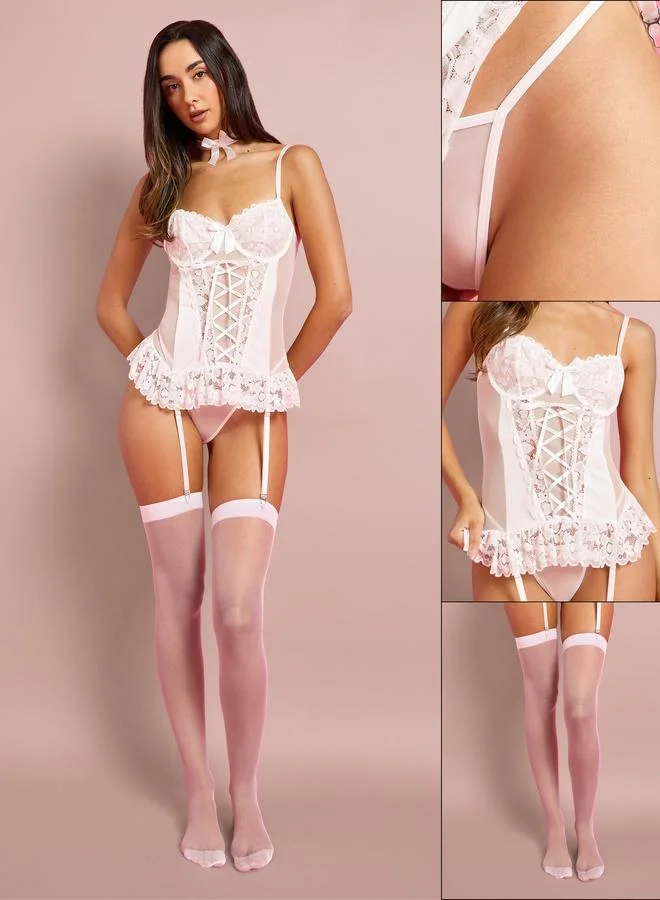 ستايلي Pack of 3 - Lace Babydoll Bodysuit, Stockings and Thong