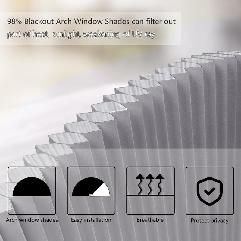 SEEYE Arch Window Blackout Shades, Pleated Fabric Blind (Radius: 24'') Half Circle Cellular Cordless Semicircular Blinds with No Tools, Half-Round Shade Easy to Cut and Install, Dark Gray-White - Image 4
