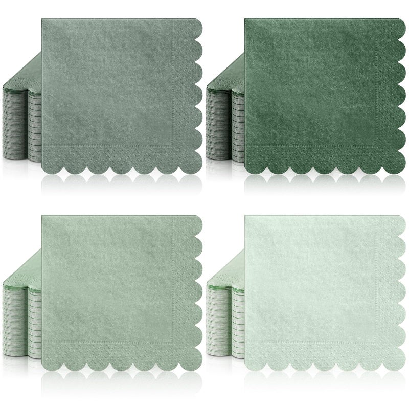Zhanmai 100 Pack Cocktail Napkins 5 x 5 Inch Scalloped Napkins Beverage Gradient Color Paper with Scalloped Edges Thick Disposable Luncheon for Party Supplies (Sage Green) - Image 1