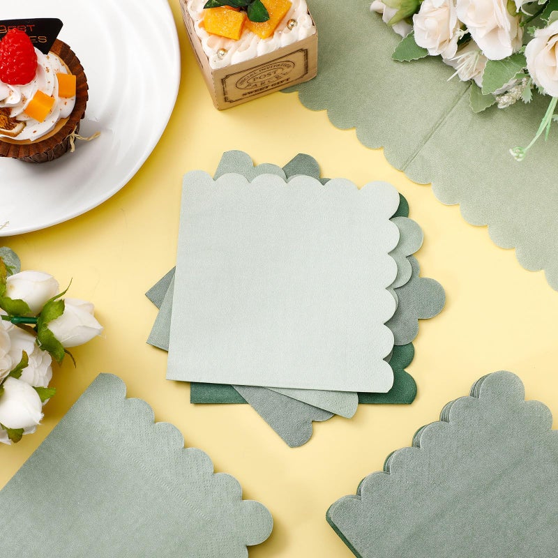 Zhanmai 100 Pack Cocktail Napkins 5 x 5 Inch Scalloped Napkins Beverage Gradient Color Paper with Scalloped Edges Thick Disposable Luncheon for Party Supplies (Sage Green) - Image 3