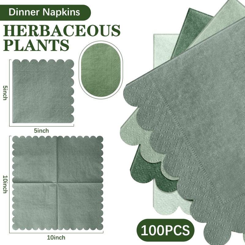 Zhanmai 100 Pack Cocktail Napkins 5 x 5 Inch Scalloped Napkins Beverage Gradient Color Paper with Scalloped Edges Thick Disposable Luncheon for Party Supplies (Sage Green) - Image 2