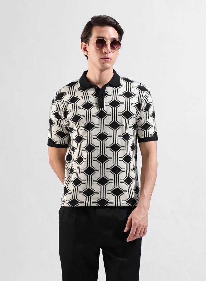 The Indian Garage Co Men Slim Fit Textured Polo Neck Half Sleeves T-Shirt