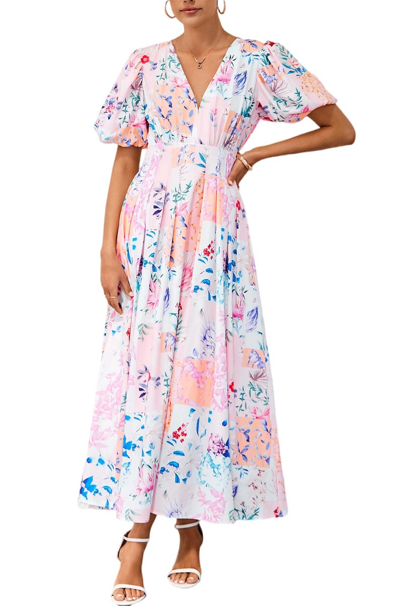 Maxigerui Women's Summer Floral Maxi Dress Spring Wedding Guest Dress 2026 Pink Blue Floral Print M - Image 1