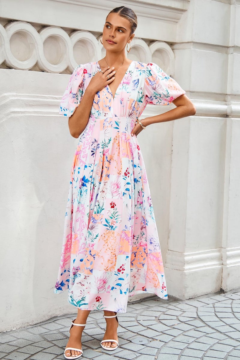 Maxigerui Women's Summer Floral Maxi Dress Spring Wedding Guest Dress 2026 Pink Blue Floral Print M - Image 3