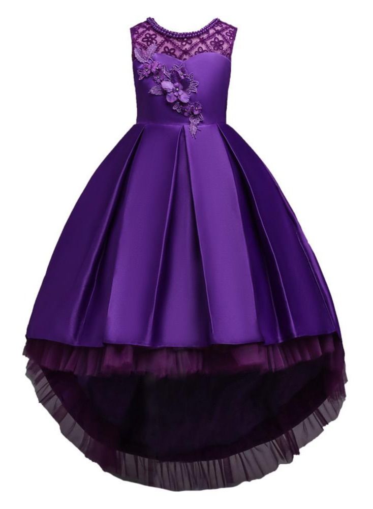 Best Gift Fashion Children's Long Tail Lace Flower Beading Princess Dress Girl Performance Elegant Party Birthday Evening Lady Dresses Purple - Image 1