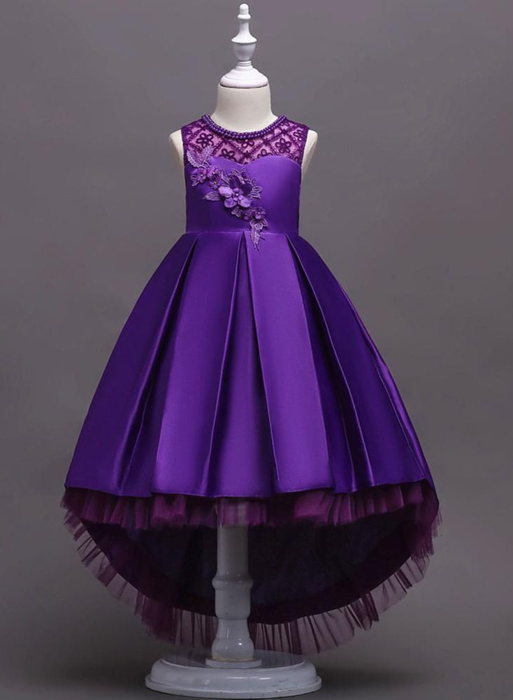 Best Gift Fashion Children's Long Tail Lace Flower Beading Princess Dress Girl Performance Elegant Party Birthday Evening Lady Dresses Purple - Image 2