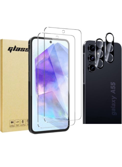 Samsung Galaxy A55 5G Screen Protector with Camera Lens Protector, Fingerprint Unlock Support, Touch Sensitive, Anti Scratch,9H Hardness Anti-Scratch Tempered Glass film for Samsung A55 5G (2+2 Pack)