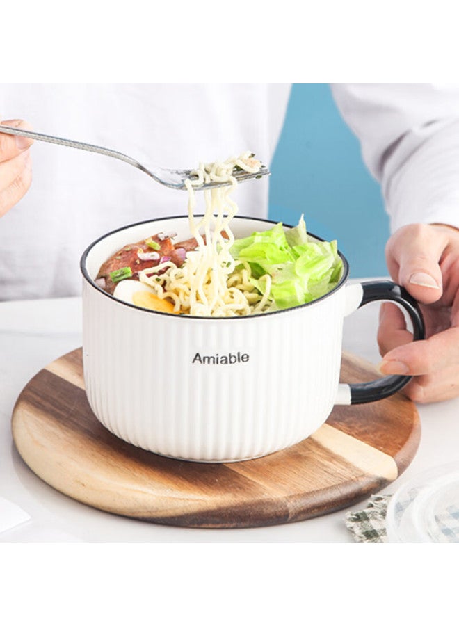 Weimingnuo Ceramic Bowl With Lid, Sealed Container For Home Use, Single-handle Lunch Box, Vertical Striped Noodle Bowl - Image 3