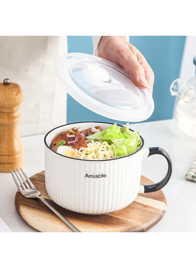 Weimingnuo Ceramic Bowl With Lid, Sealed Container For Home Use, Single-handle Lunch Box, Vertical Striped Noodle Bowl - Image 1