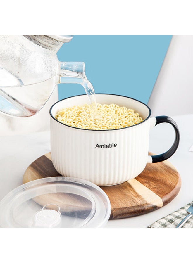 Weimingnuo Ceramic Bowl With Lid, Sealed Container For Home Use, Single-handle Lunch Box, Vertical Striped Noodle Bowl - Image 2