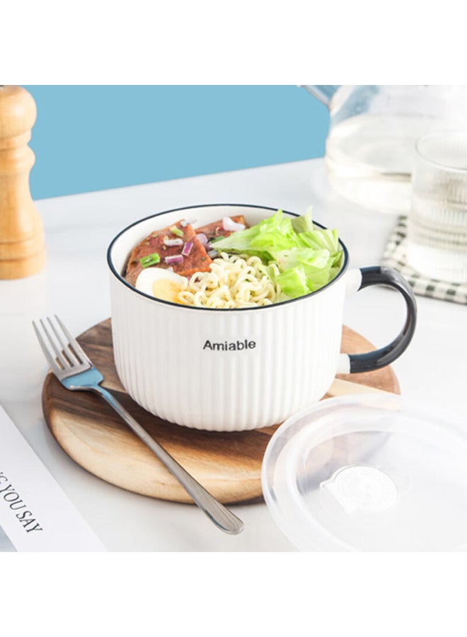 Weimingnuo Ceramic Bowl With Lid, Sealed Container For Home Use, Single-handle Lunch Box, Vertical Striped Noodle Bowl - Image 5