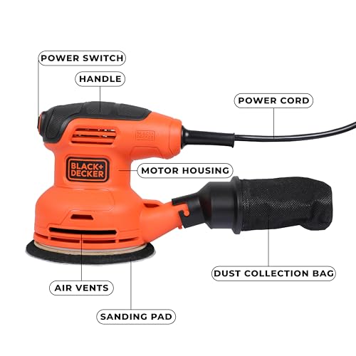 BLACK+DECKER BEW210-QS, 230W, 0-13000 RPM, 4-in-1 Corded Electric Multi-Sander With 2 Orbital Bases, 2 Metre Cord, Finger Sanding Attachment and Sanding Sheets, Orange and Black, 1 Year Warranty - Image 4