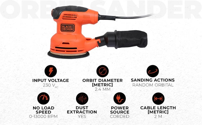 BLACK+DECKER BEW210-QS, 230W, 0-13000 RPM, 4-in-1 Corded Electric Multi-Sander With 2 Orbital Bases, 2 Metre Cord, Finger Sanding Attachment and Sanding Sheets, Orange and Black, 1 Year Warranty - Image 3