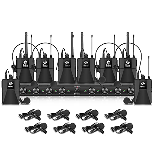 D Debra Audio AU800 Pro UHF 8 Channel Wireless Microphone System with Cordless Handheld Lavalier Headset Mics, Metal Receiver, Ideal for Karaoke Church Party (8 Bodypack) - Image 1
