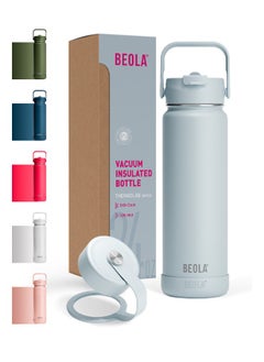 BEOLA 750ml Water Bottle 18/8 Stainless Steel 304 Double Wall Insulated Thermos Bottle with Straw Lid and wide mouth, 2 lids included, Hot Cold Liquids Sports Bottle, 24oz (Ice Blue)  - Image 1