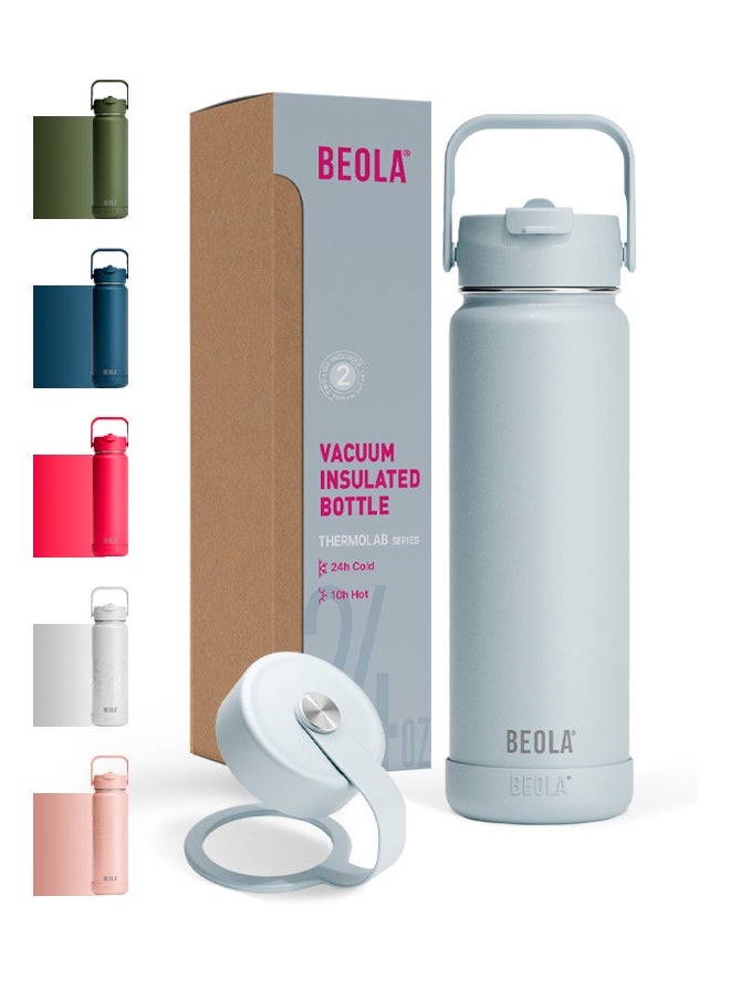 BEOLA - 750ml Water Bottle 18/8 Stainless Steel 304 Double Wall Insulated Thermos Bottle with Straw Lid and wide mouth, 2 lids included, Hot Cold Liquids Sports Bottle, 24oz (Ice Blue) - Image 1